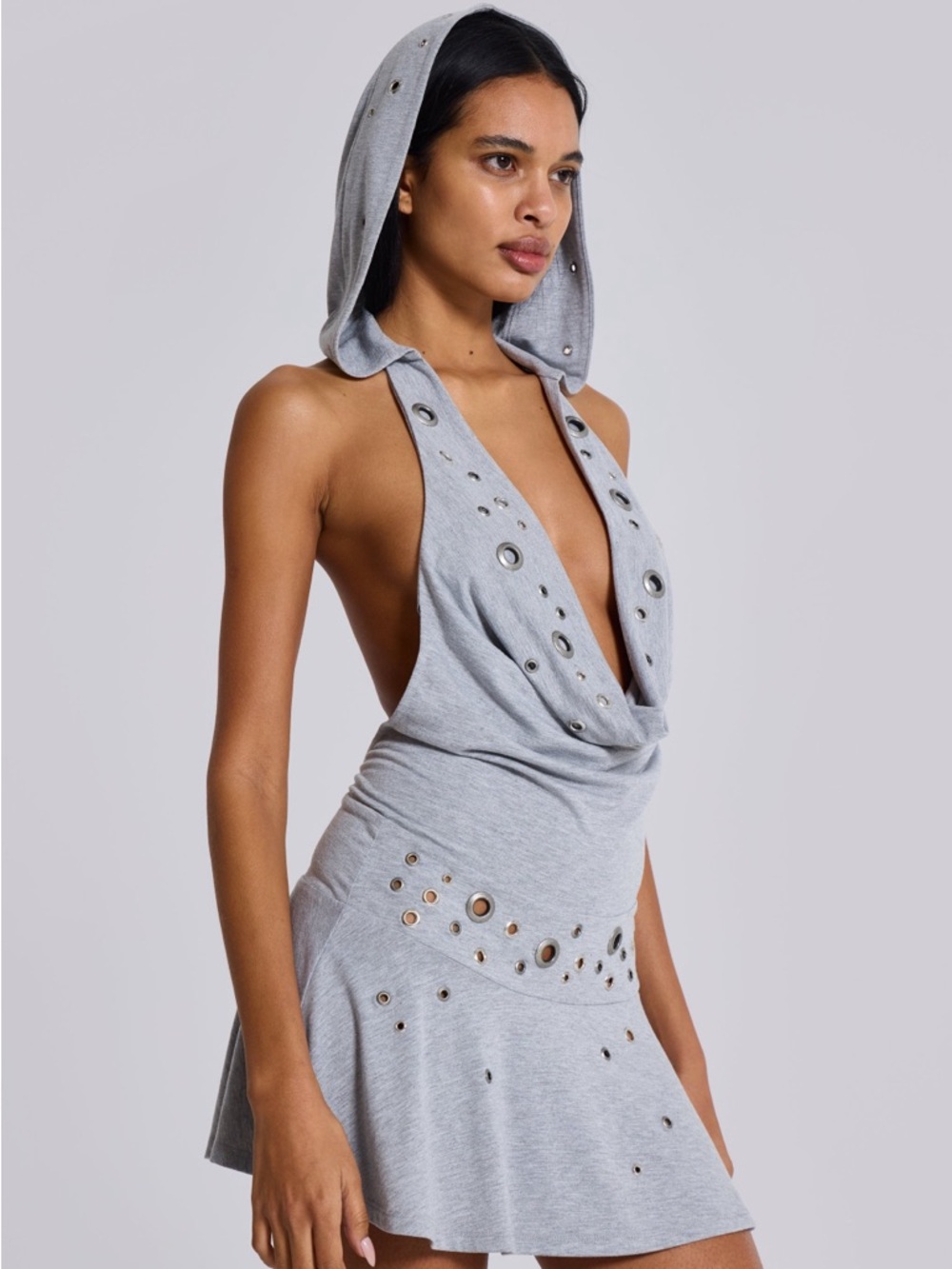 Jaded London Maxing Hooded Mini Dress With Eyelets - Grey (US 0)